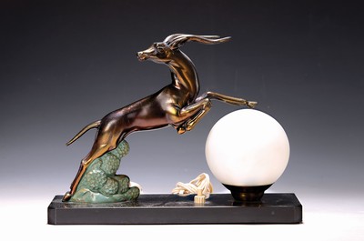 Image 26781887 - Table lamp, Art Deco, 1930s, antelope crown, one focal point, patinated metal, marble base,old electrics not checked, approx. 22 x 29 cm,traces of use