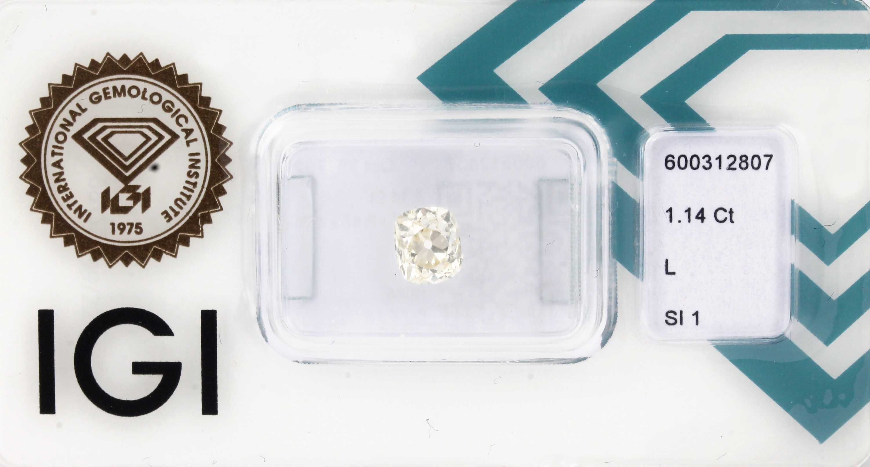 Loser Diamant, 1.14 ct get. Weiß(L)/si1, Rectangular Cushion Antique Brillant, eingeschweißt, mit IGI-Expertise