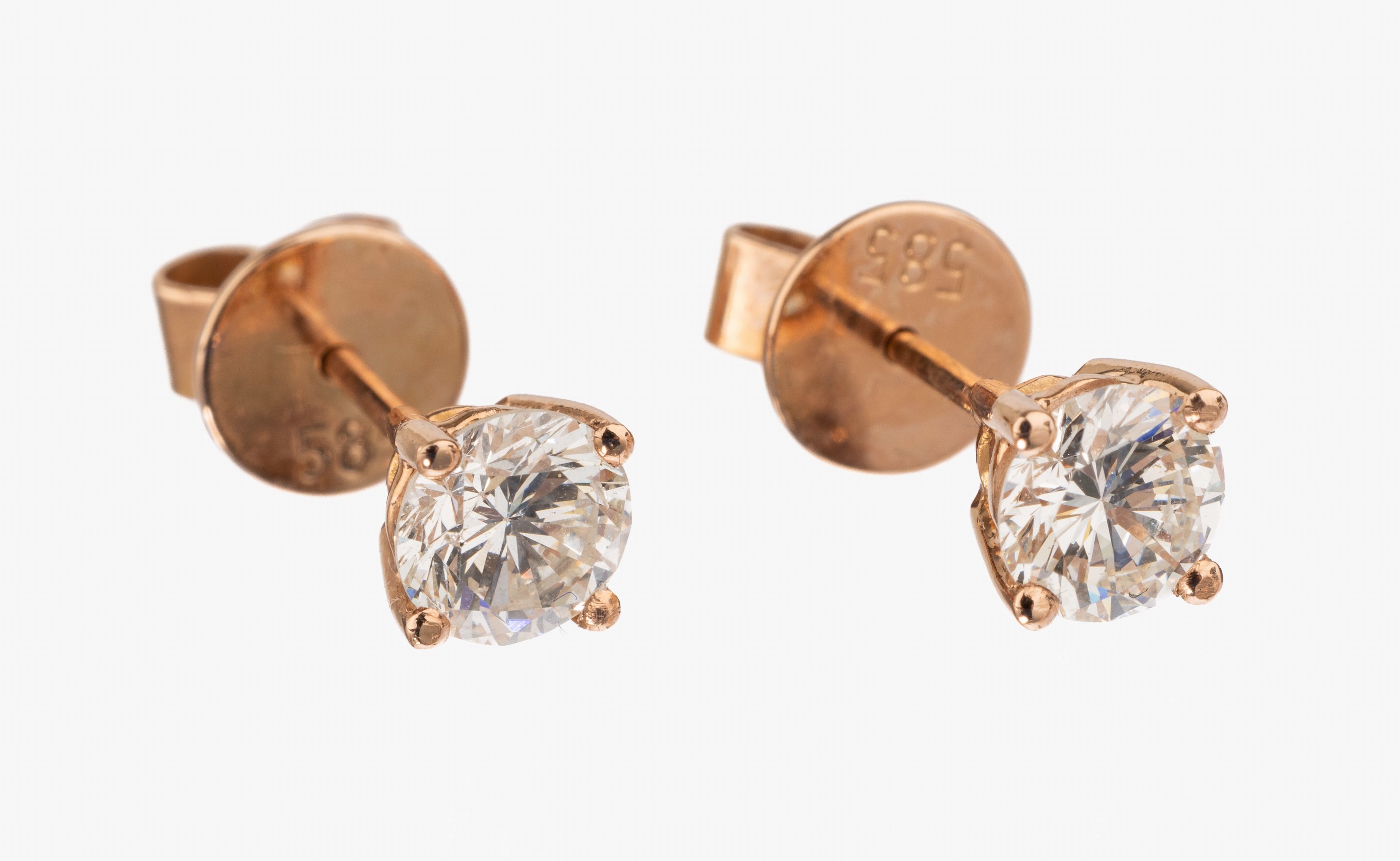 14 kt Gold Brillant-Ohrstecker, RG 585/000,2 Brillanten zus. ca. 1.21 ct Weiß/vs-si
