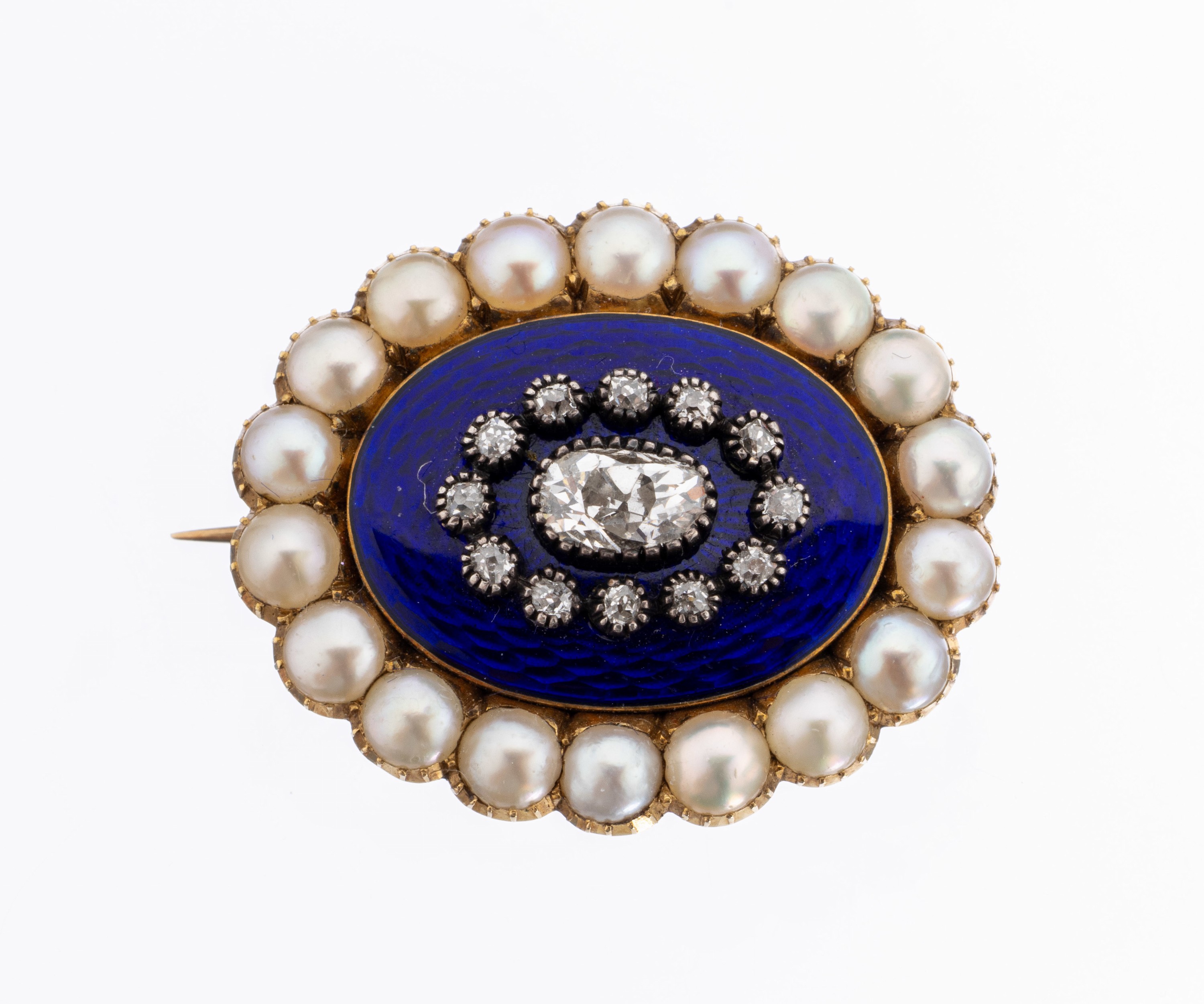 14 kt Gold Diamant-Perl-Brosche, um 1800/20, GG 585/000, blau emaill., Altschliffdiamantca. 0.50 ct Weiß/si-p, Orientperlchen, L. ca. 2.5 cm