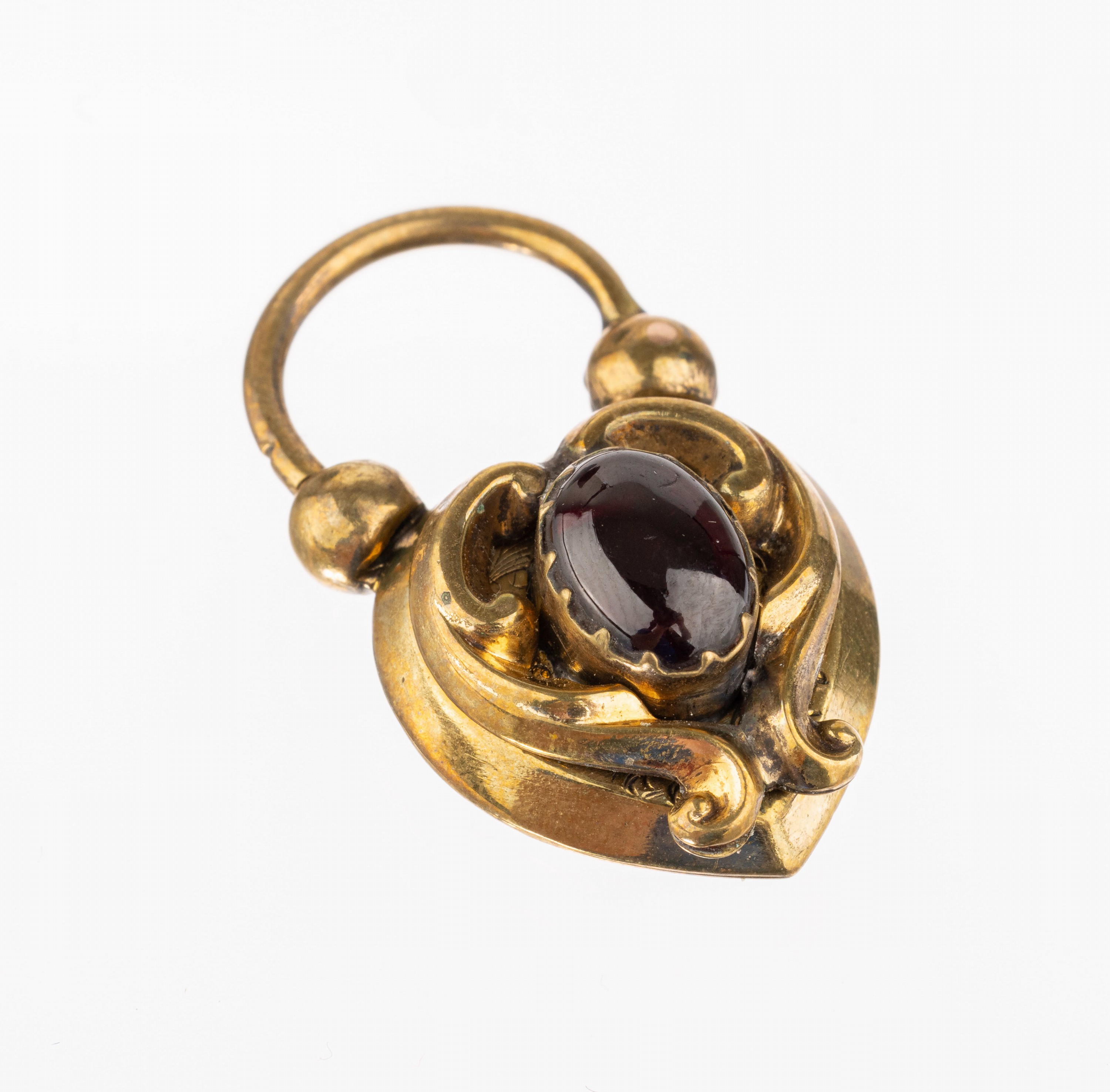 8 kt Gold Anhängeschloss mit Granat und Haargeflecht, GG 333/000, um 1860, ovaler Granatcabochon, Rep.-stelle, L. ca. 3 cm