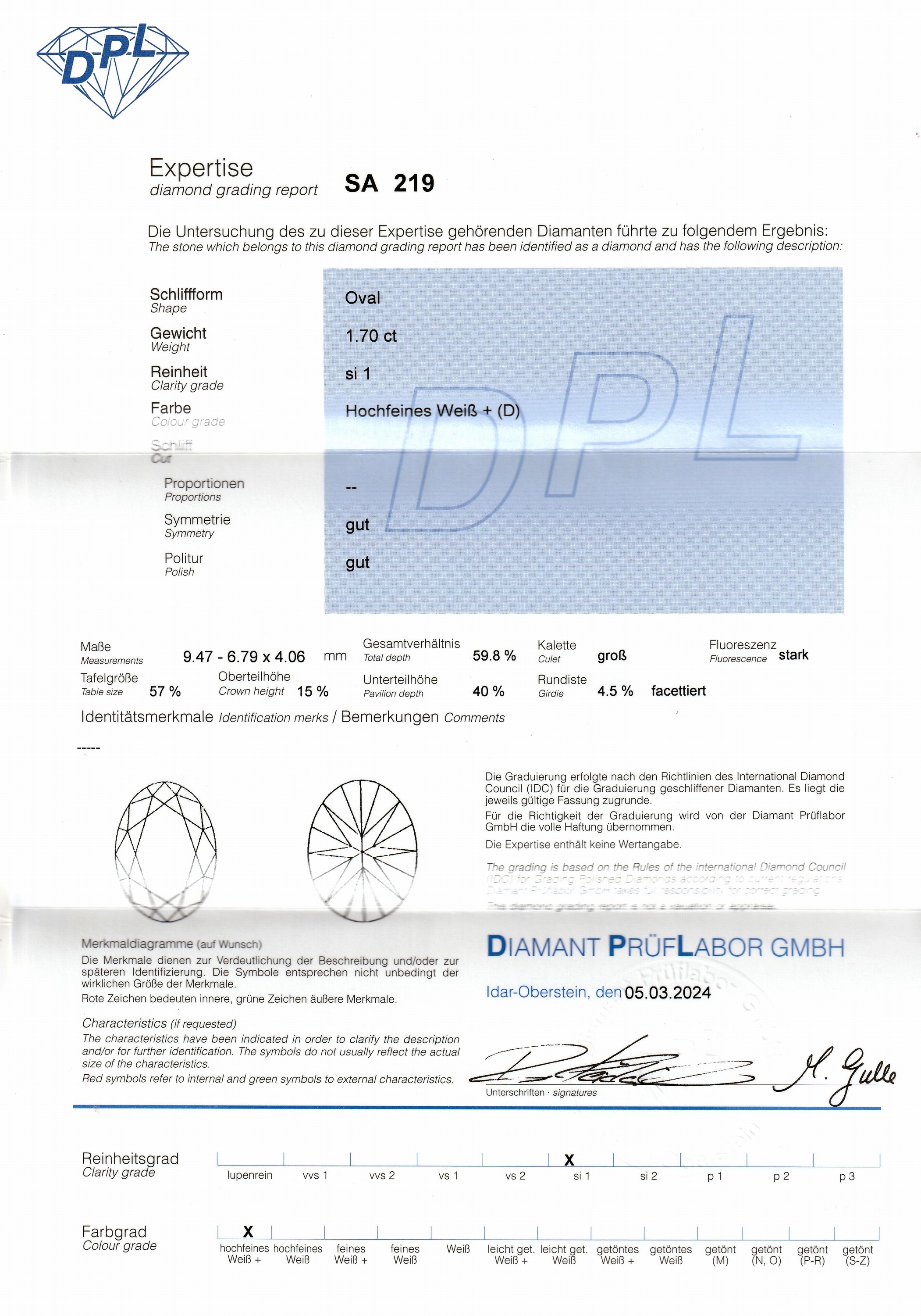 Detail b: 18 kt Gold Diamant-Anhänger, WG 750/000, ovaler Diamant ca. 1.70 ct hochfeines weiß D/si 1, Symmetrie und Politur gut (DPL Zertifikat von 03/24), ...