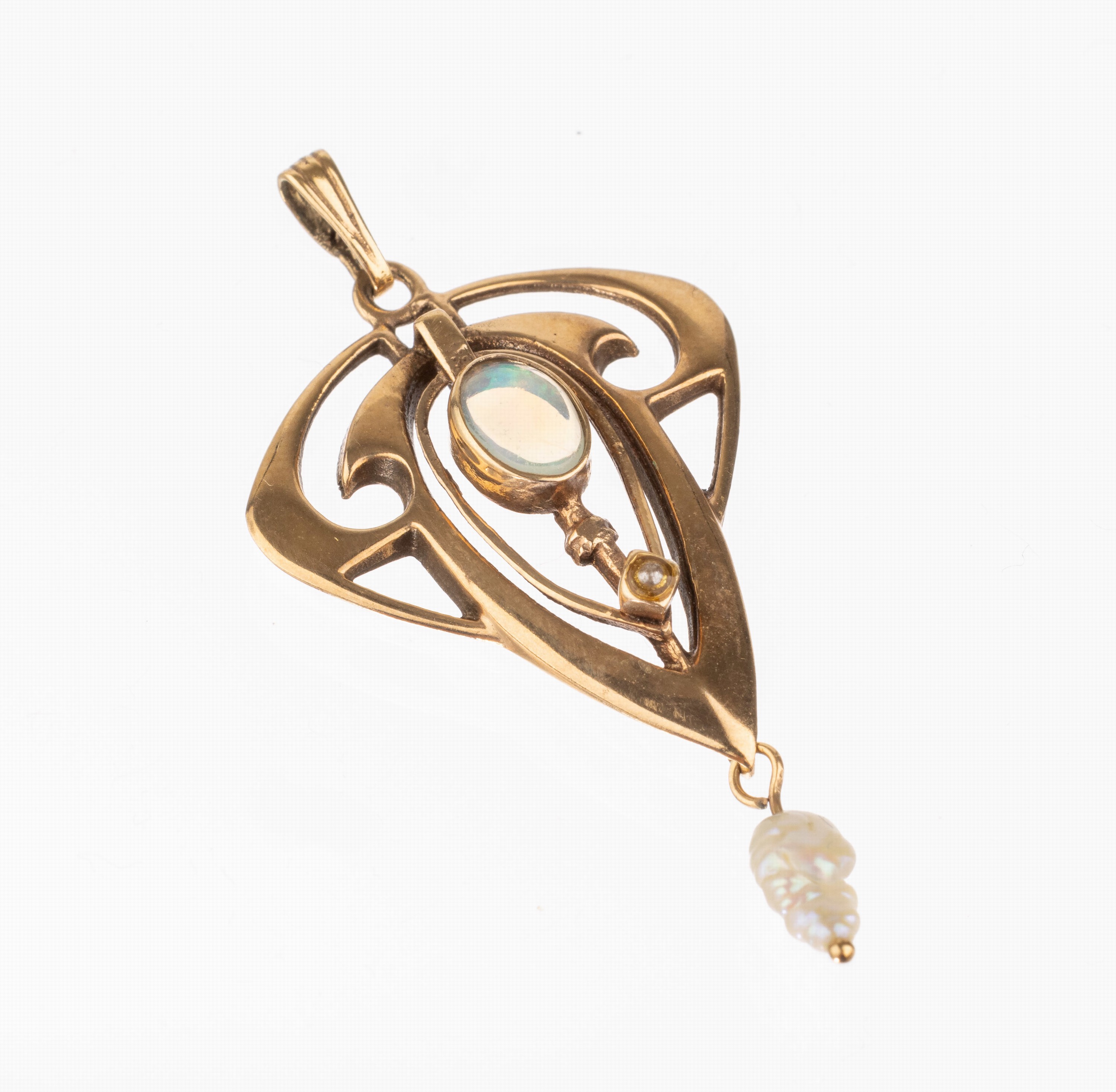 8 kt Gold Opal-Perl-Anhänger in der Art des Jugendstils, GG 333/000, Meistermarke unged., Opal-Cabochon, Flügelperle als Abhängung, L. ca. 4 cm