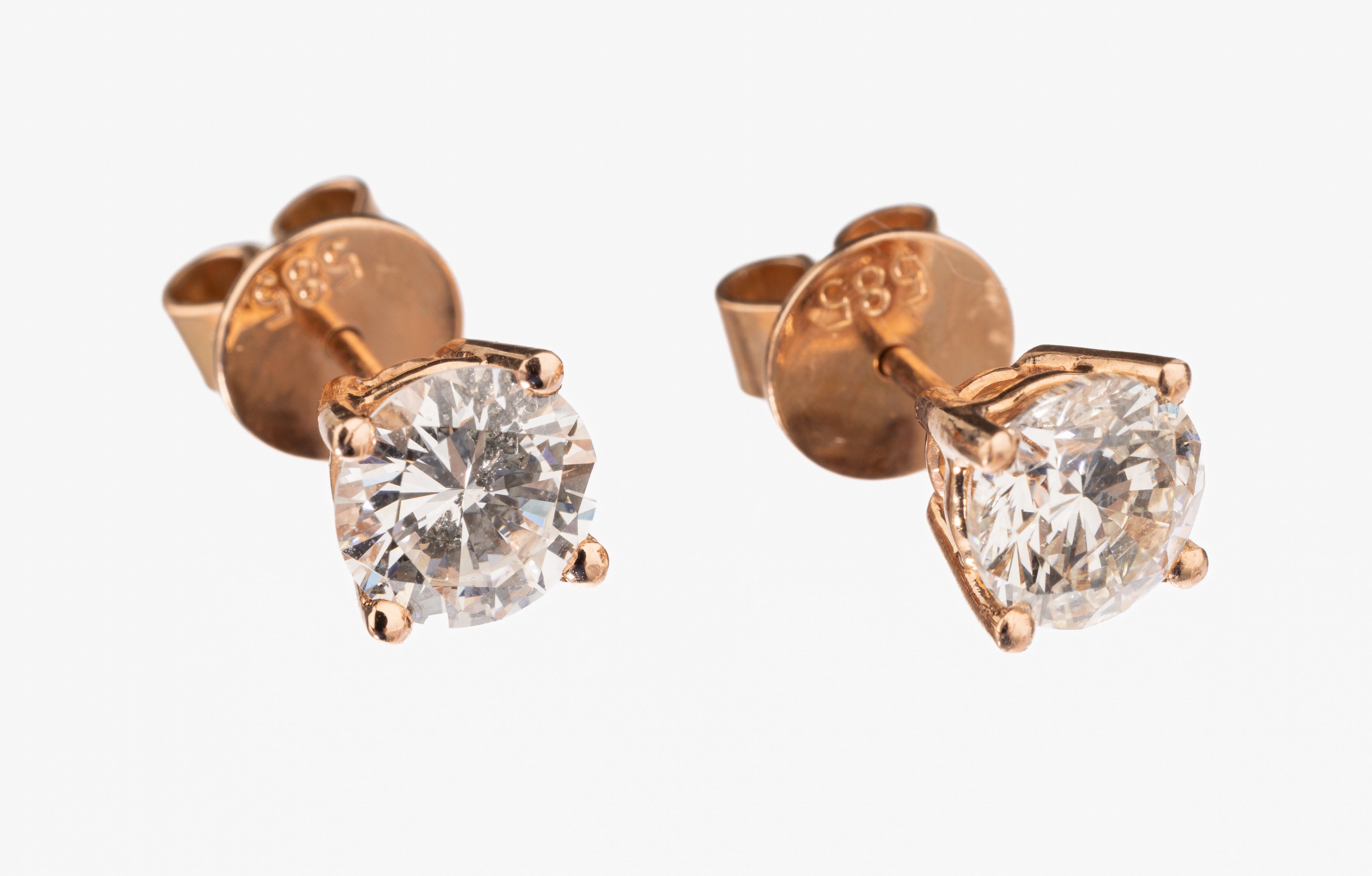 Paar 14 kt Gold Brillant-Ohrstecker, RG 585/000, 2 Brillanten zus. ca. 2.01 ct Weiß/p