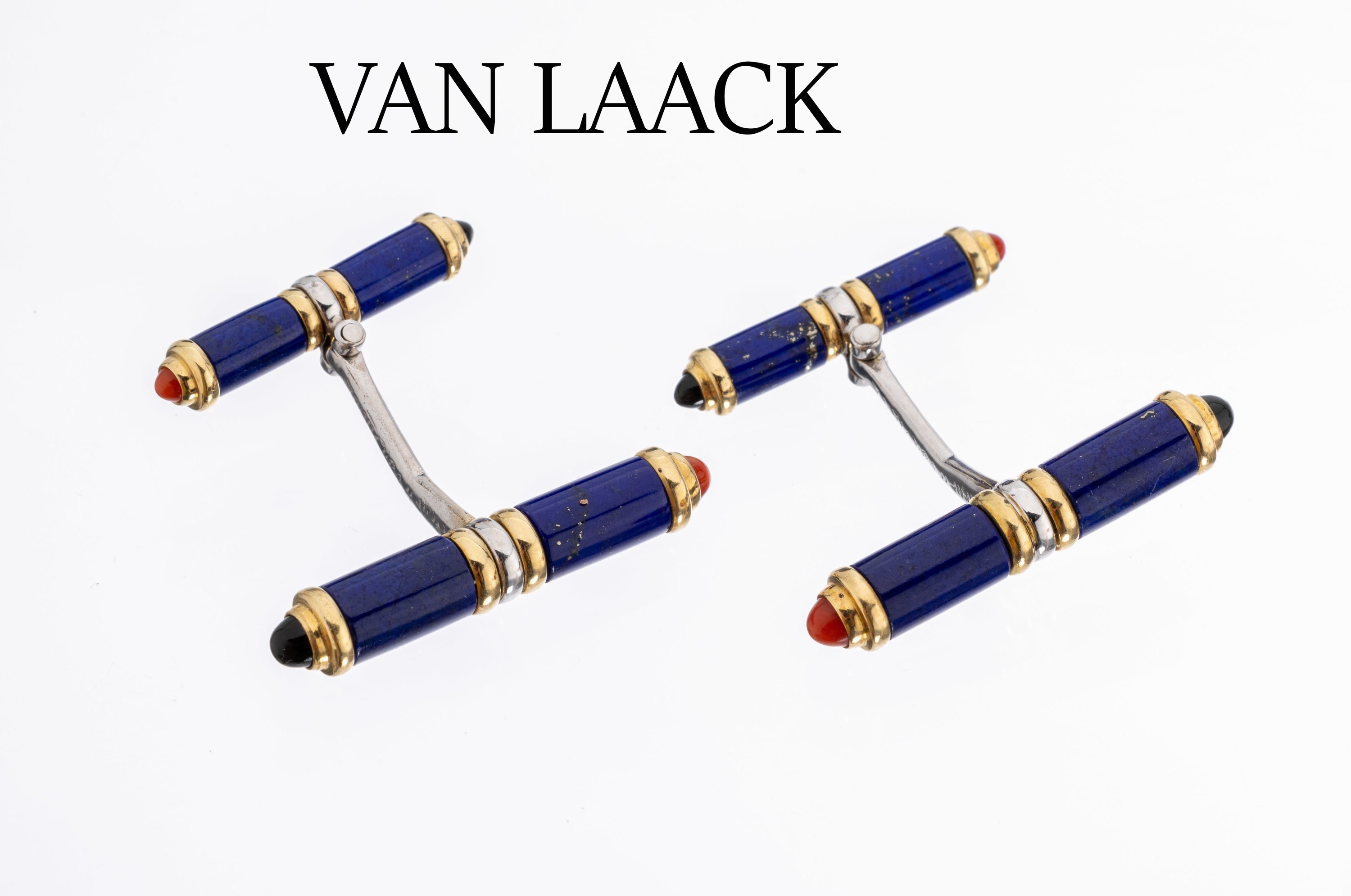Paar 18 kt Gold VAN LAACK Manschettenknöpfe, GG/WG 750/000, sign., Lapislazulistäbe, Korallen- und Onyxcabochons, qualitätvolle Verarbeitung, ca. ...