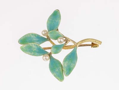 Image 26782077 - 14 kt gold Art Nouveau brooch with enamel and pearl