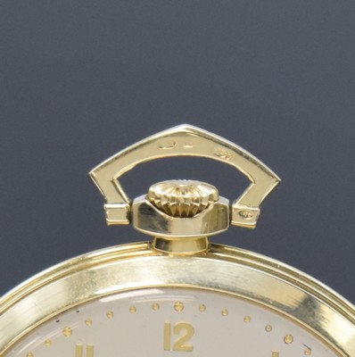 26782086a - IWC 14k yellow gold open face dress watch, Switzerland around 1938, engine-turned hinge- back cover, metal cuvette, silvered dial with gilded Arabic numerals due to age spotty/faulty, constant second at 6, gilded leaf hands spotty/corroded, nickel plated movement calibre 97 with fausses cotes decoration, 16 jewels, compensation-balance with Breguet-hairspring, precision adjustment, diameter approx. 50 mm, total weight approx. 64g, condition 2-3