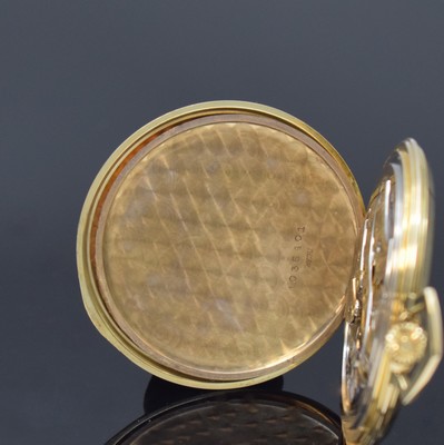 26782086e - IWC 14k yellow gold open face dress watch, Switzerland around 1938, engine-turned hinge- back cover, metal cuvette, silvered dial with gilded Arabic numerals due to age spotty/faulty, constant second at 6, gilded leaf hands spotty/corroded, nickel plated movement calibre 97 with fausses cotes decoration, 16 jewels, compensation-balance with Breguet-hairspring, precision adjustment, diameter approx. 50 mm, total weight approx. 64g, condition 2-3