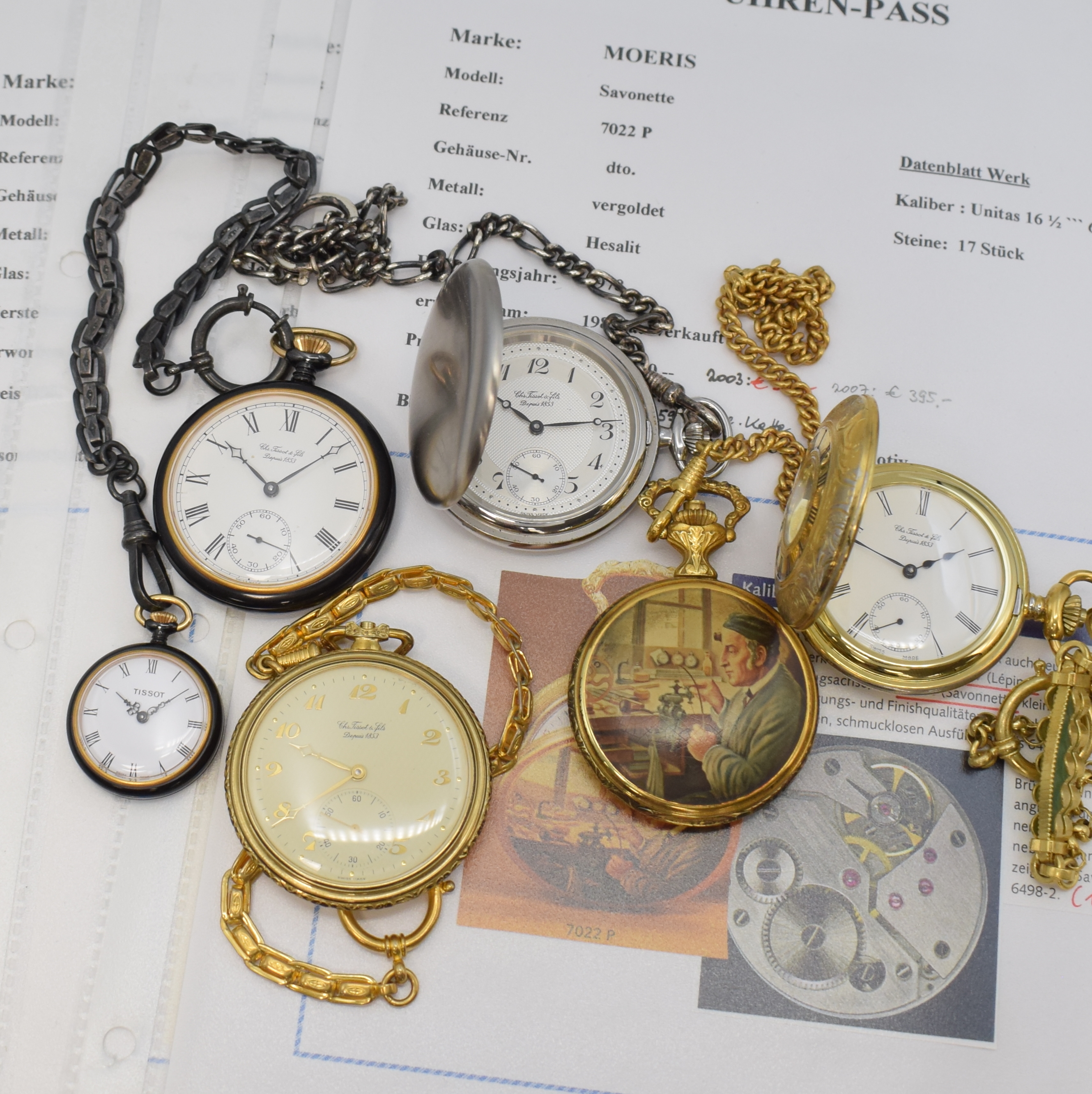Konvolut Taschenuhren 5 Tissot und eine Moeris in Tissot Box, Schweiz 1980/90er Jahre, Handaufzug, Tissot 1.) Savonette, Metallgehäuse an Kette, ...