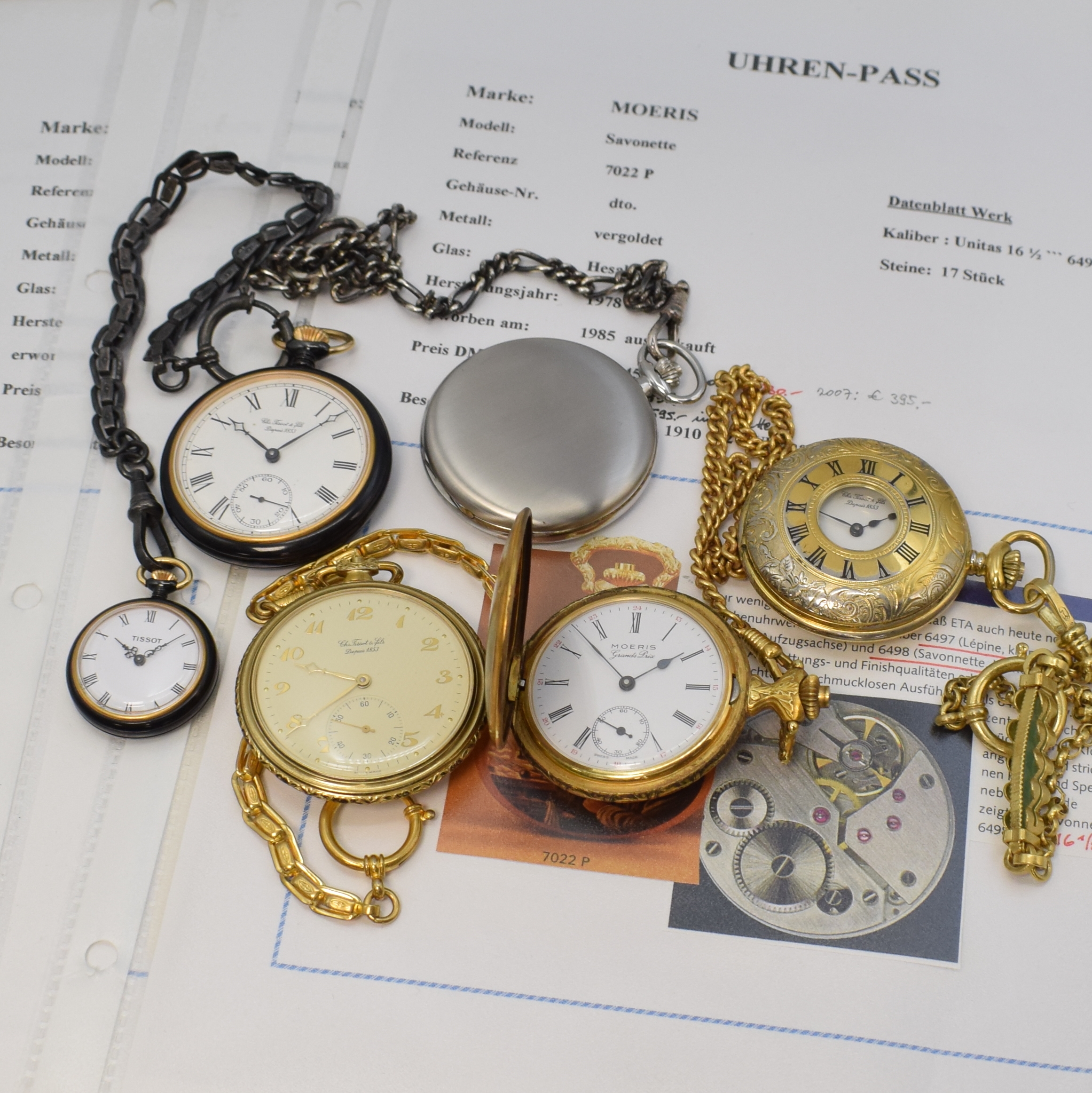 Detail a: Konvolut Taschenuhren 5 Tissot und eine Moeris in Tissot Box, Schweiz 1980/90er Jahre, Handaufzug, Tissot 1.) Savonette, Metallgehäuse an Kette, ...