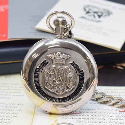 26782108c - TISSOT & FILS heavy hunting cased pocket watch so called Czars watch in sterling silver with sterling silver-chain, Switzerland around 1990, both covers in relief raised with references in Cyrillic of an officer corps of the Imperial Guard and aphorism "Loyalty for the faith", hunter cover with 5 diamonds set, silvered dial partial enamel colored, cuvette with medals engraving, rhodium plated lever movement with decoration polishing, 16 jewels, flat rim balance, flat hairspring, incablock shock-absorber, blued screws, diameter approx. 60 mm, total weight approx. 225g, original box and additional informations enclosed, condition 2, property of a collector