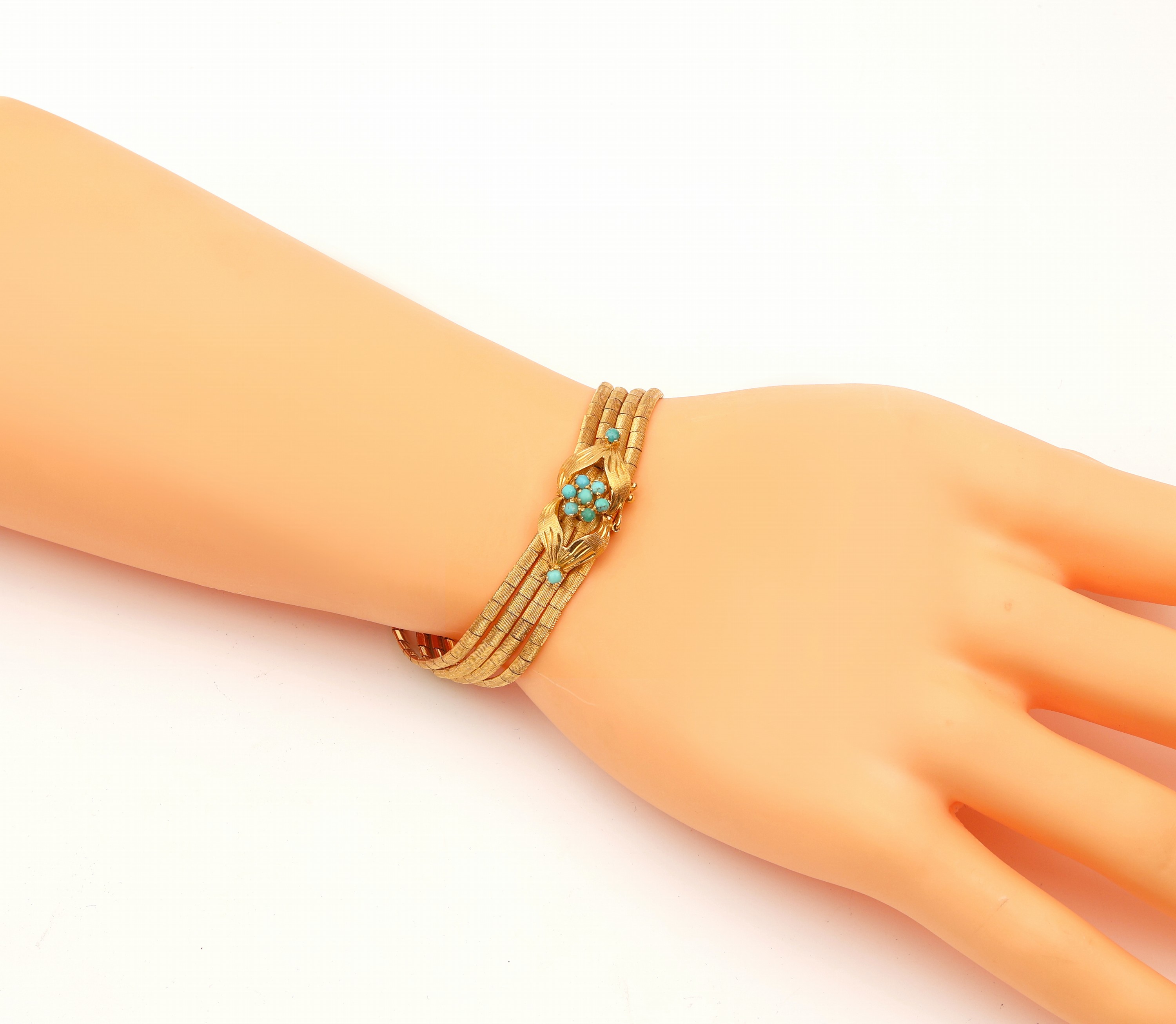 Detail b: 18 kt Gold Türkis Spaghetti Armband, GG 750/000, 4-reihig, Schmuckschließe mit Türkisbes., L. ca. 19 cm, ca. 28.6 g