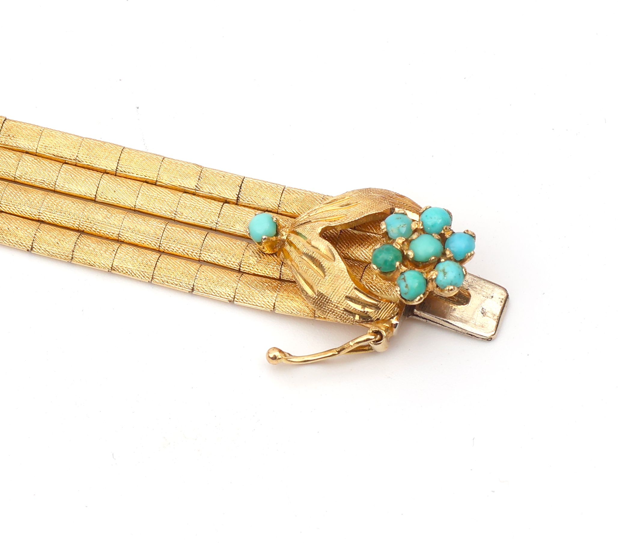Detail c: 18 kt Gold Türkis Spaghetti Armband, GG 750/000, 4-reihig, Schmuckschließe mit Türkisbes., L. ca. 19 cm, ca. 28.6 g