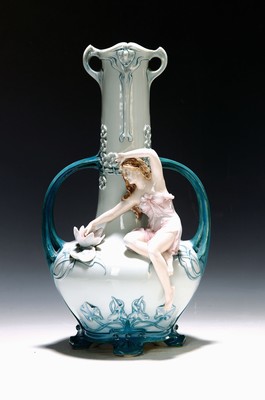 Image 26782657 - Vase, France, around 1900, Art Nouveau, porcelain, with a fully sculpted female figureand water lily, in relief, light blue and darkgreen glazed, height approx. 33cm