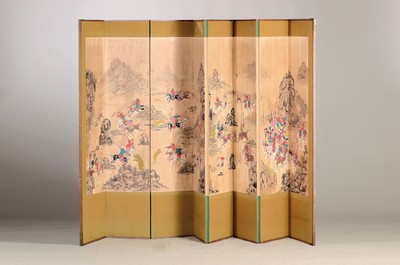 Image Screen, China, around 1900, 8 elements with fine paintings in ink and gouache on paper, ...