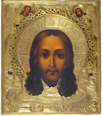 Image 26782858 - Icon, Russia, 2nd half of the 19th century, mandorla Christ, tempera on wood, richly decorated brass oklad, angels in the upper corners, approx. 35x31cm