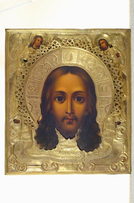 26782858k - Icon, Russia, 2nd half of the 19th century, mandorla Christ, tempera on wood, richly decorated brass oklad, angels in the upper corners, approx. 35x31cm