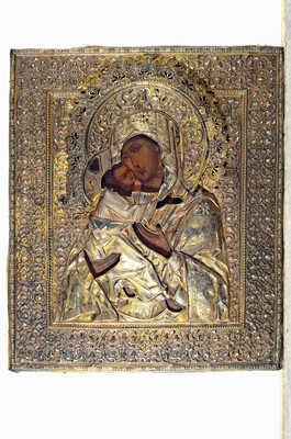 Image Icon, Russia, Oklad dated 1880, Mother of God Vladimirskaya, temper on wood, 84 silver ...