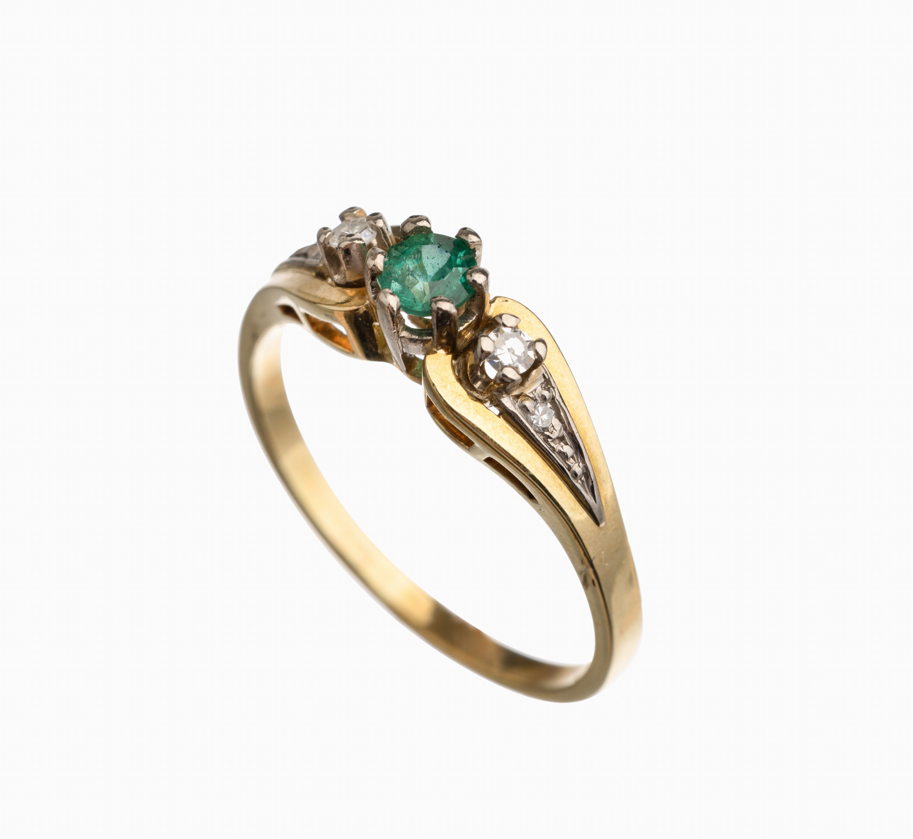 14 kt Gold Smaragd Diamant Ring, GG/WG 585/000, 4 8/8-Diam. zus. ca. 0.05 ct Weiß/si,1 rundfacett. Smaragd, RW 61, ca. 3.9 g