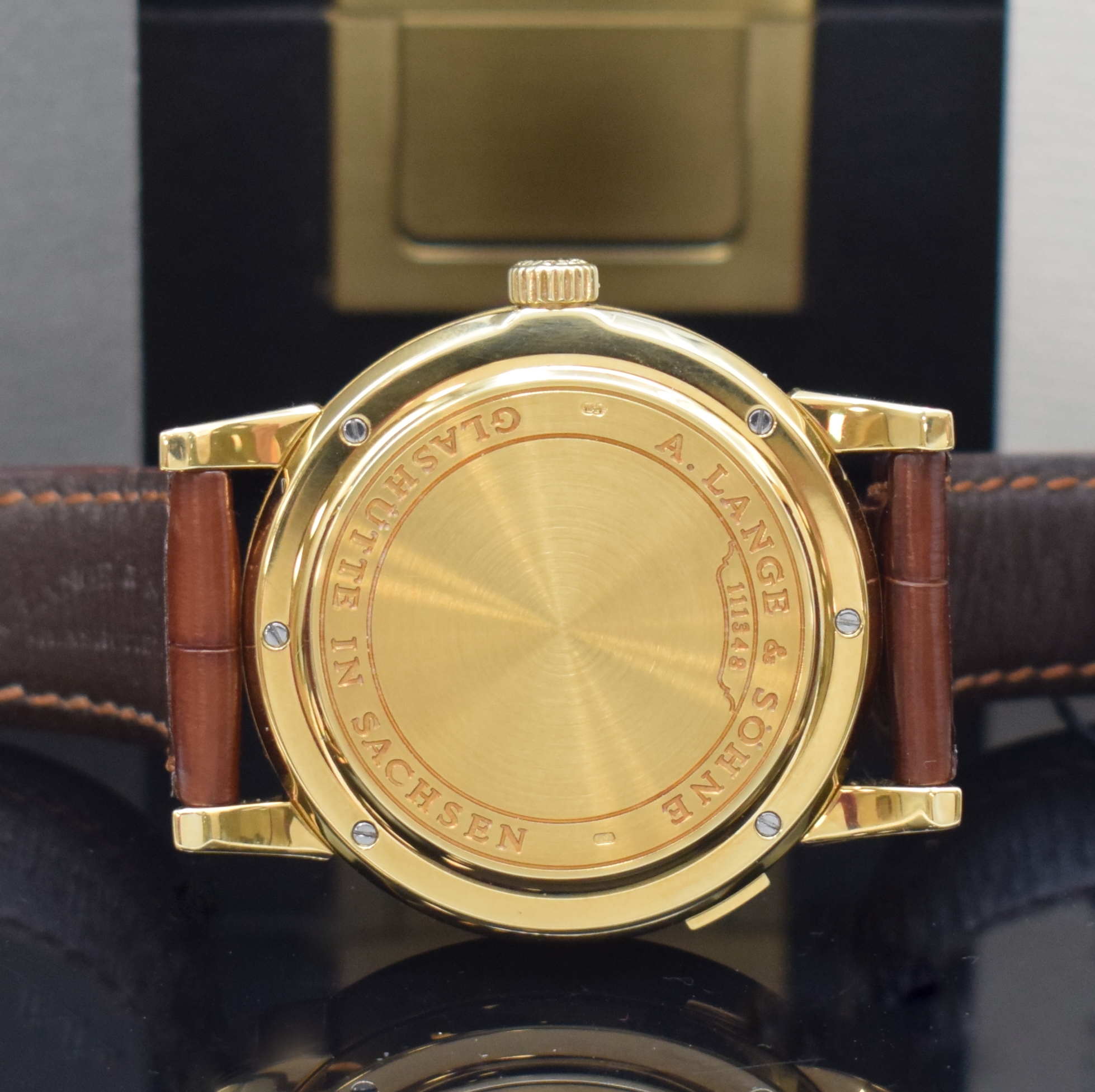 Detail f: A. LANGE & SÖHNE sehr seltene frühe Lange 1 Referenz 101.001 in GG 750/000, Handaufzug, noch massiver Goldboden 6-fach verschr., innen bez. R.101, ...