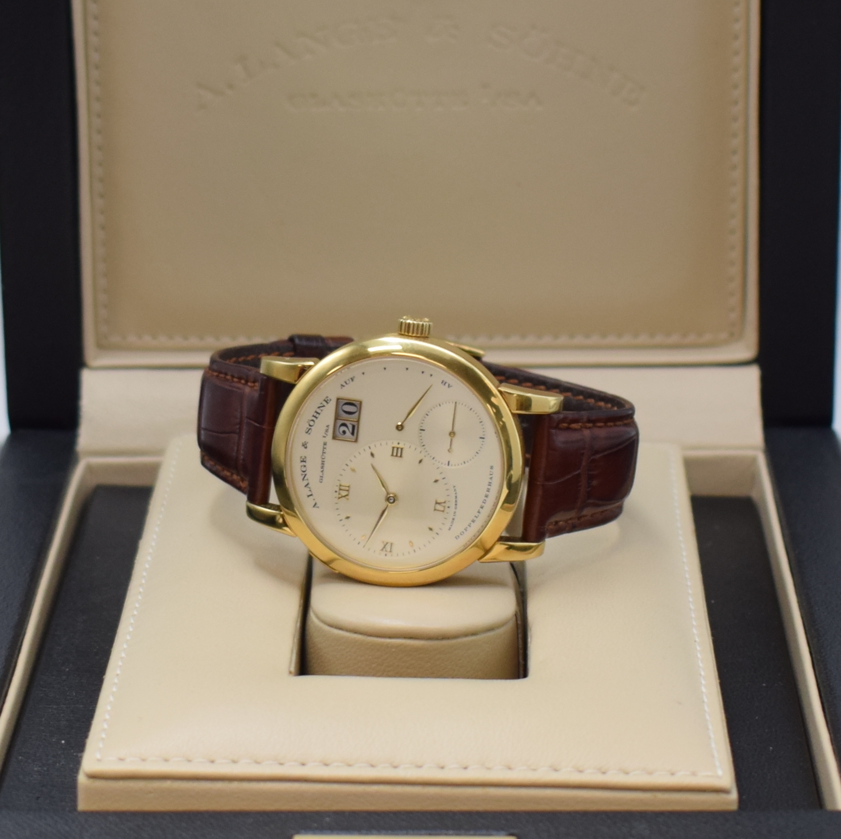 Detail k: A. LANGE & SÖHNE sehr seltene frühe Lange 1 Referenz 101.001 in GG 750/000, Handaufzug, noch massiver Goldboden 6-fach verschr., innen bez. R.101, ...