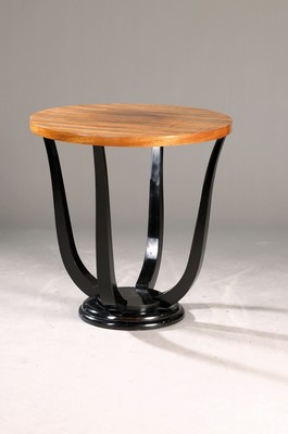 Image 26783136 - Side table, Art Deco, France, around 1930, walnut veneer, four cantilever legs on a roundbase plate, painted black, H. approx. 68 cm, D. approx. 65 cm, condition 2