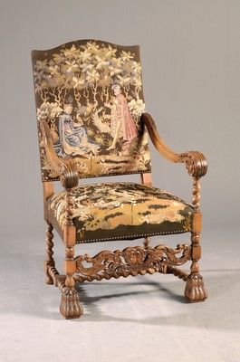 Image 26783191 - Armchair/state chair, historicism, mid-20th century, solid beech, turned and carved, walnut color, tapestry cover with medieval motifs, good condition, approx. 120x 56 cm, condition 2