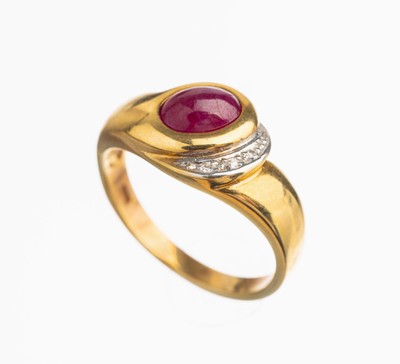 Image 14 kt gold ruby diamond ring YG/WG 585/000,1 ruby cabochon approx. 1.60 ct, 3 8/8- ...