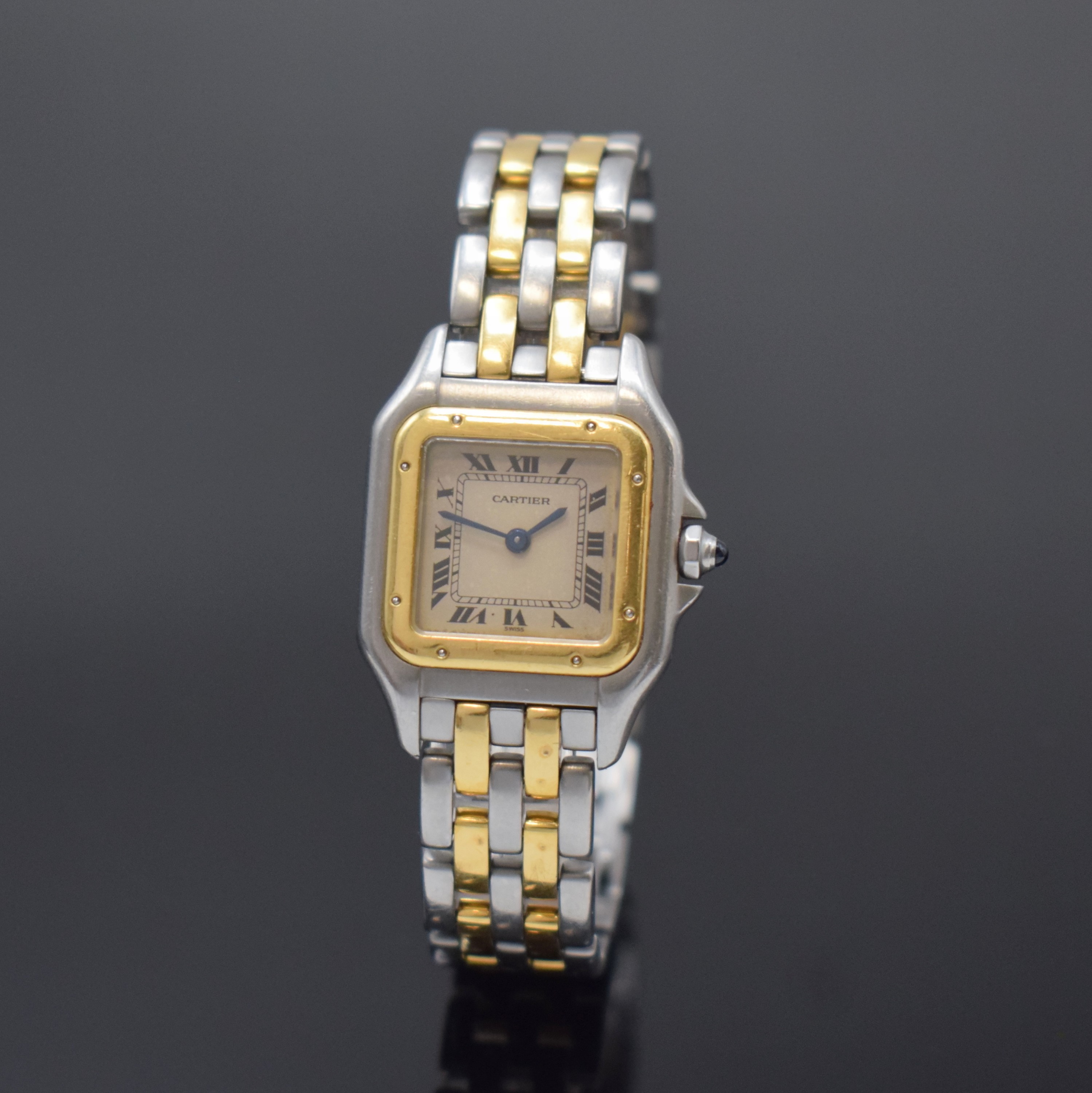 CARTIER Panthere Damenarmbanduhr in Stahl/ Gold Referenz 1120, Schweiz um 1990, quarz, Boden 8-fach verschr., Schmuckkrone, orig. Gliederband m. ...
