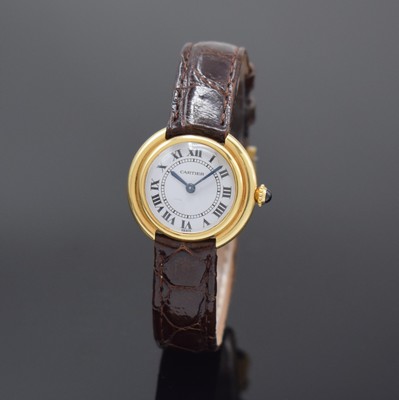 Image 26783334 - CARTIER Paris 18k yellow gold ladies wristwatch, Switzerland around 1990, manual winding, snap on case back, neutral leather strap with buckle in 18k yellow gold, jeweled crown, white dial with Roman numerals damaged, blued steel hands, Kal ETA 2412, 17 jewels, diameter approx. 26 mm, needs to be overhauled, condition 2-3