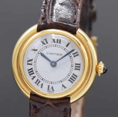 26783334a - CARTIER Paris 18k yellow gold ladies wristwatch, Switzerland around 1990, manual winding, snap on case back, neutral leather strap with buckle in 18k yellow gold, jeweled crown, white dial with Roman numerals damaged, blued steel hands, Kal ETA 2412, 17 jewels, diameter approx. 26 mm, needs to be overhauled, condition 2-3