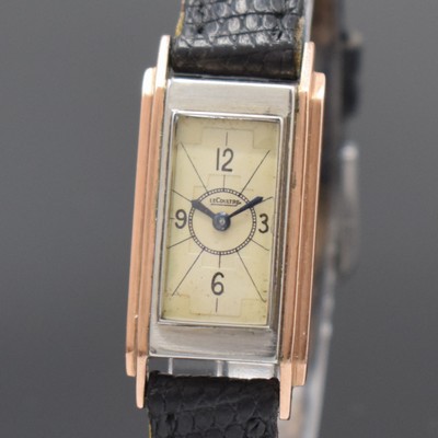 26783341a - LeCoultre Duoplan ladies wristwatch with Backwinder, Switzerland around 1935, manual winding, case partial gold-plated, hinge case back, dial with Arabic numerals patinated, blued steel hands, signed lever movement, 15 jewels, 2 adjustments, compensation-balance, measures approx. 34 x 17 mm, crowns-fixation has to be replace, overhaul recommended at buyer's expense, condition case 2-3, condition movement 3
