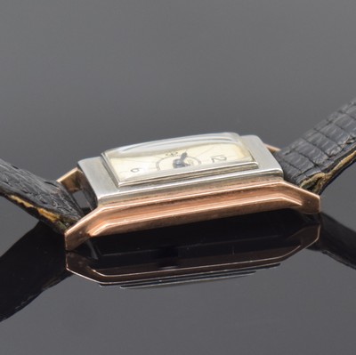 26783341b - LeCoultre Duoplan ladies wristwatch with Backwinder, Switzerland around 1935, manual winding, case partial gold-plated, hinge case back, dial with Arabic numerals patinated, blued steel hands, signed lever movement, 15 jewels, 2 adjustments, compensation-balance, measures approx. 34 x 17 mm, crowns-fixation has to be replace, overhaul recommended at buyer's expense, condition case 2-3, condition movement 3