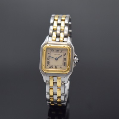 Image 26783350 - CARTIER Panthere ladies wristwatch in steel/ gold reference 1120, Switzerland around 1990, quartz, back with 8 screws, jeweled crown, original bracelet with butterfly buckle, silvered dial patinated/spotty, Roman numerals, blued steel hands, measures approx. 30 x 23 mm, length approx. 17 cm, condition 2-3