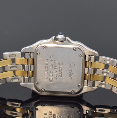 26783350d - CARTIER Panthere ladies wristwatch in steel/ gold reference 1120, Switzerland around 1990, quartz, back with 8 screws, jeweled crown, original bracelet with butterfly buckle, silvered dial patinated/spotty, Roman numerals, blued steel hands, measures approx. 30 x 23 mm, length approx. 17 cm, condition 2-3