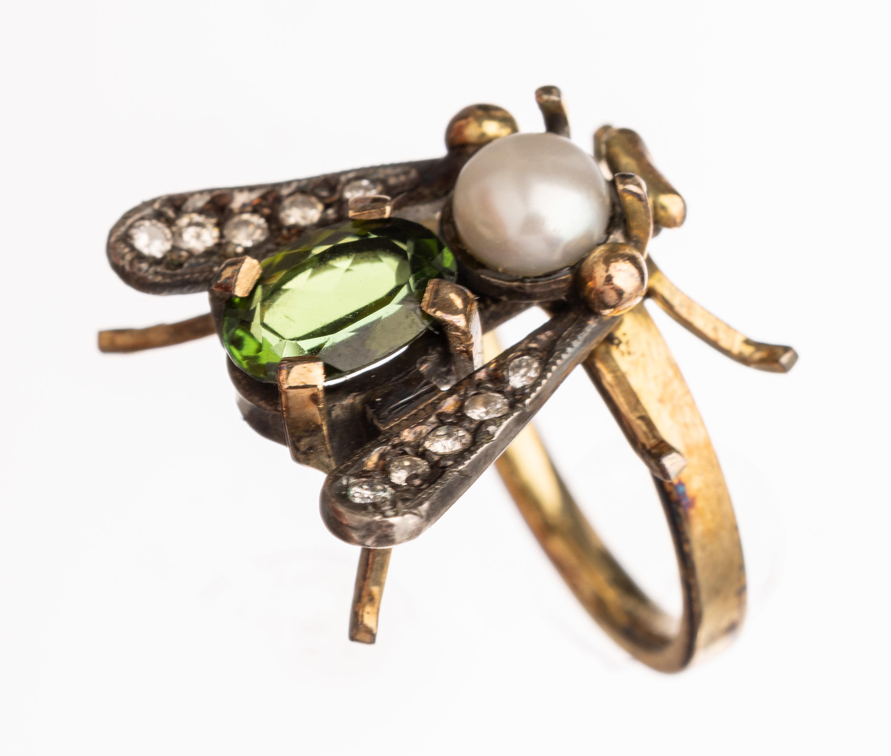 14 kt Gold Turmalin Brillant Zuchtperl Ring, "Fliege", GG 585/000 und Silber, Körper miteinem ovalfacett. Turmalin ca. 2.0 ct, Kopf mit ...