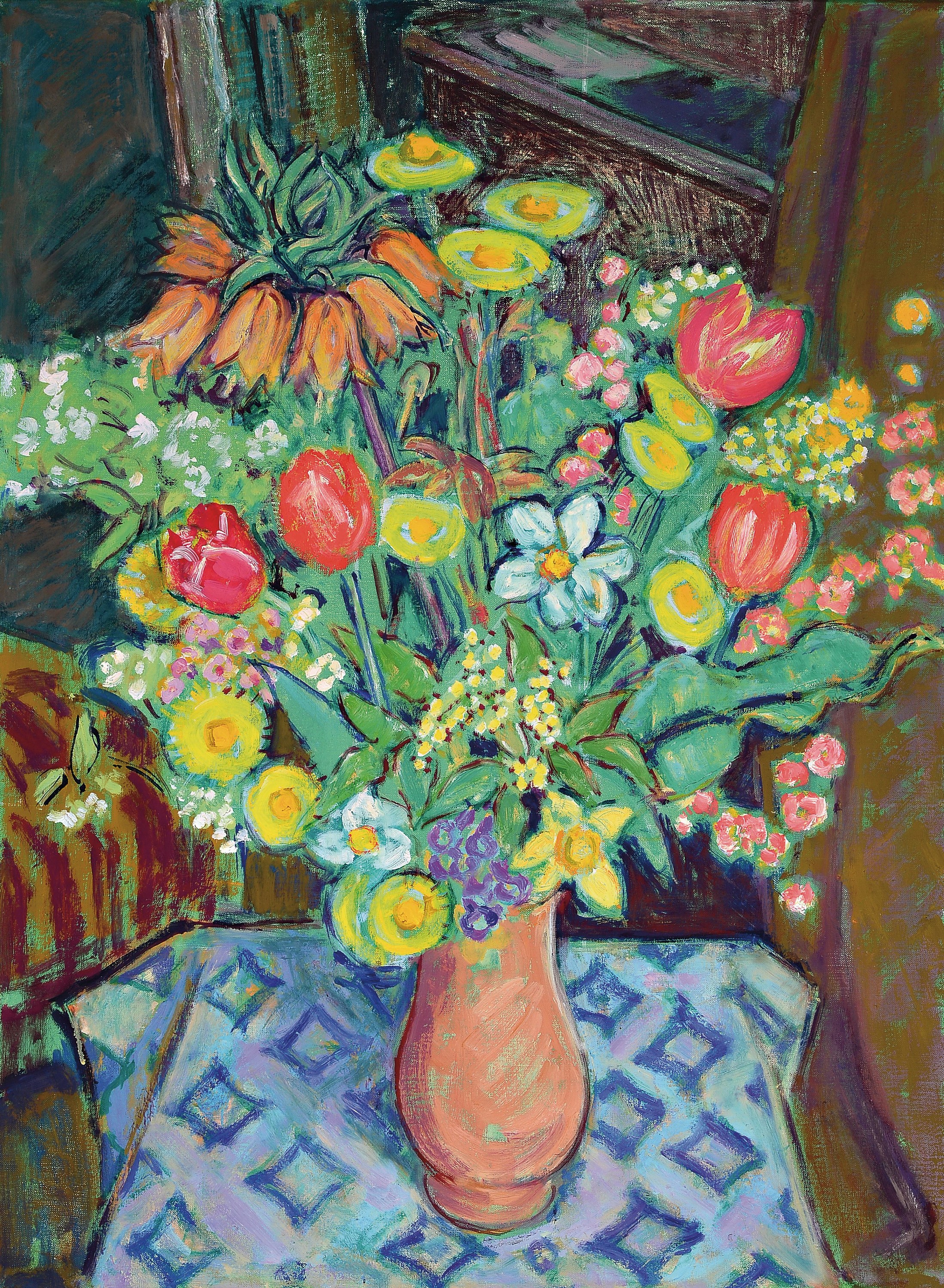 Hermann Sauter, 1891 Germersheim-1981 Landau, Feldblumenstrauss in Keramikkrug auf blauer Decke, Öl/Lwd, rückseitig signiert und dat. 65, üppiges ...