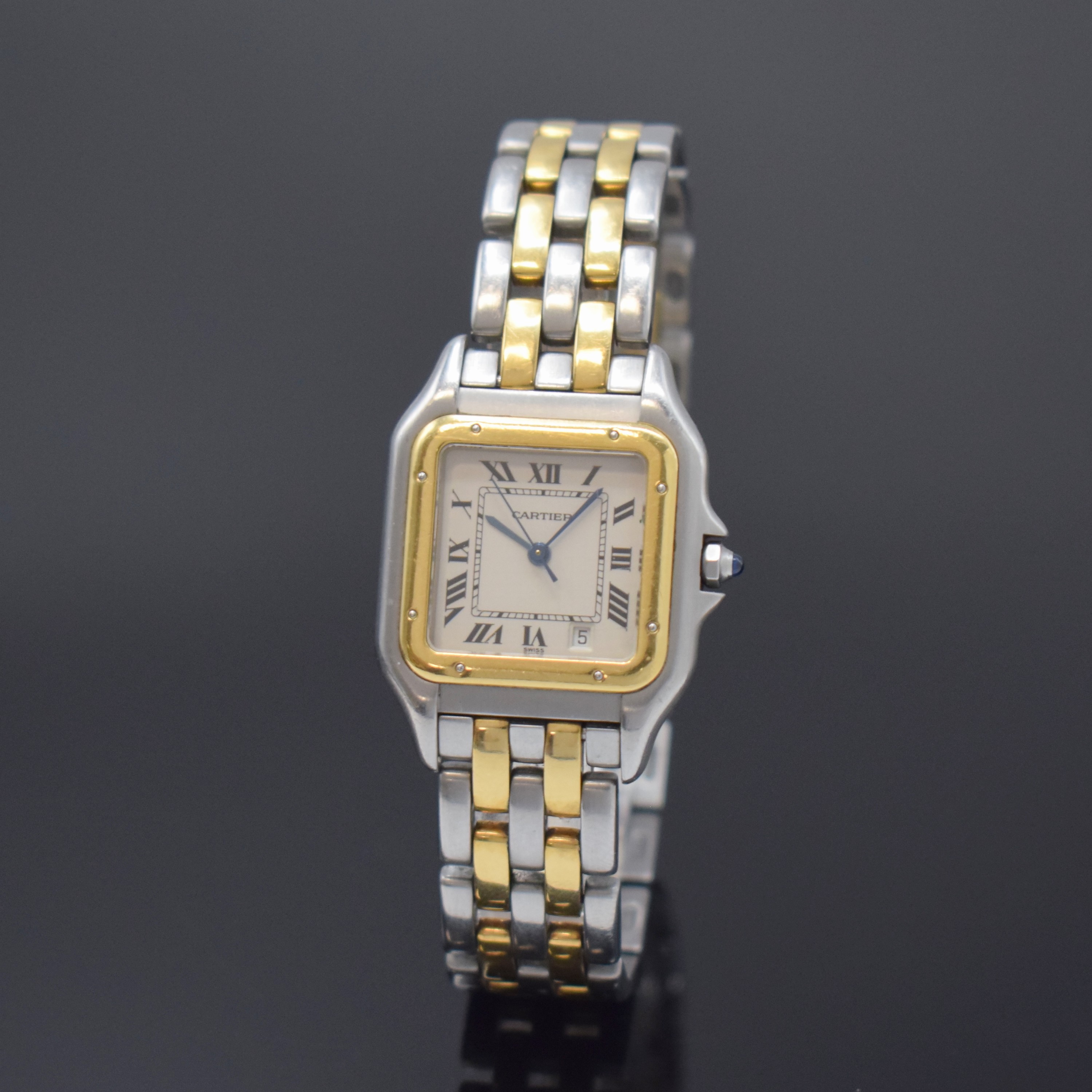 CARTIER Panthere Damenarmbanduhr in Stahl/Gold Referenz 1100, Schweiz um 1995, quarz, Boden 8-fach verschr., orig. Stahl/GG- Band m. dopp. Faltschl., ...