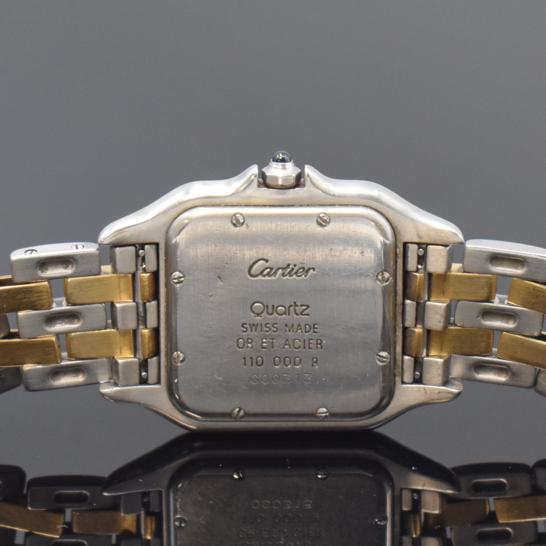 Detail c: CARTIER Panthere Damenarmbanduhr in Stahl/Gold Referenz 1100, Schweiz um 1995, quarz, Boden 8-fach verschr., orig. Stahl/GG- Band m. dopp. Faltschl., ...