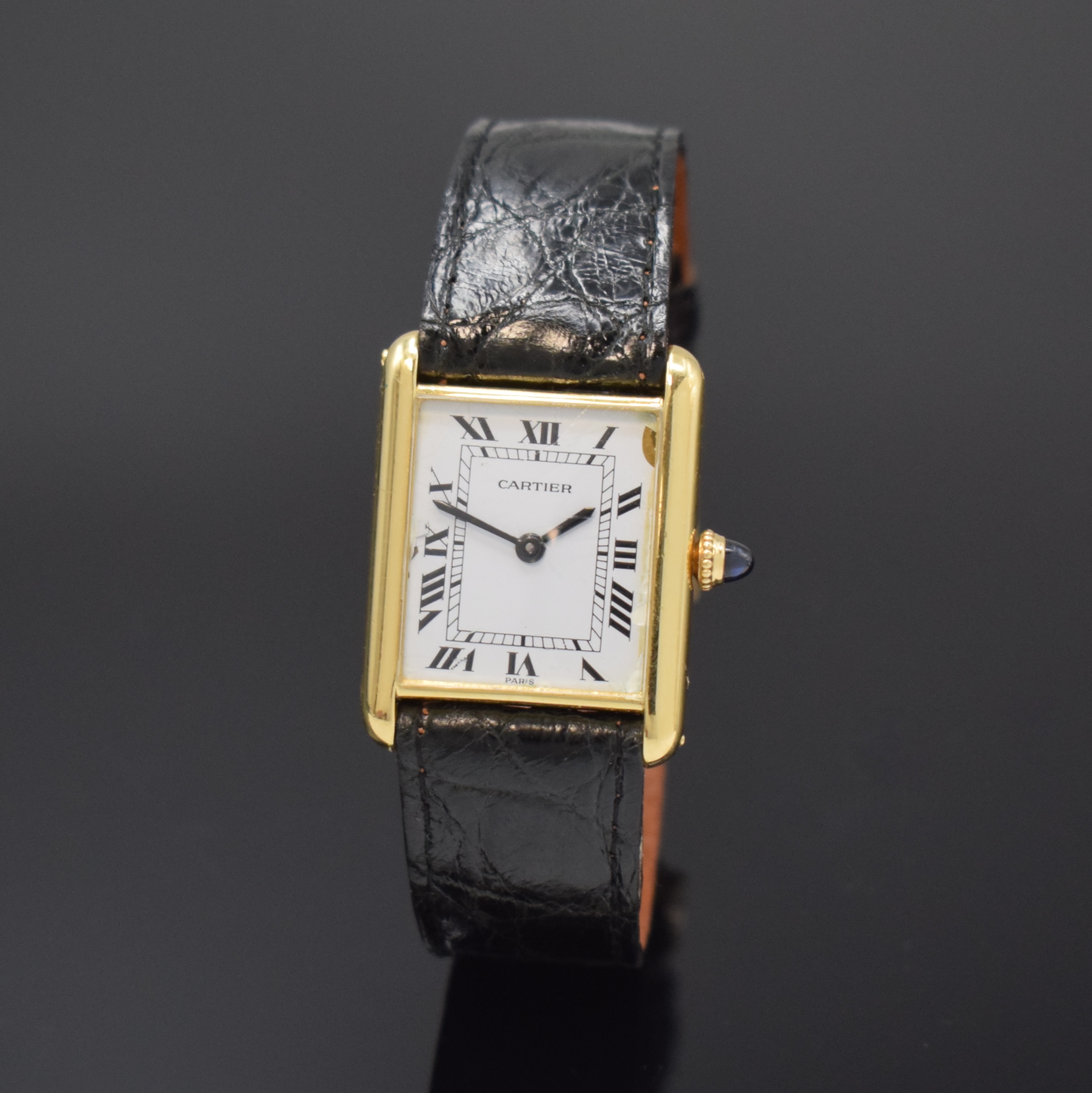 CARTIER Tank Damenarmbanduhr in GG 750/000, Schweiz um 1980, Handaufzug, rechteckiges Geh., seitl. 4-fach verschr., Schmuckkrone, weißes Zifferbl. ...