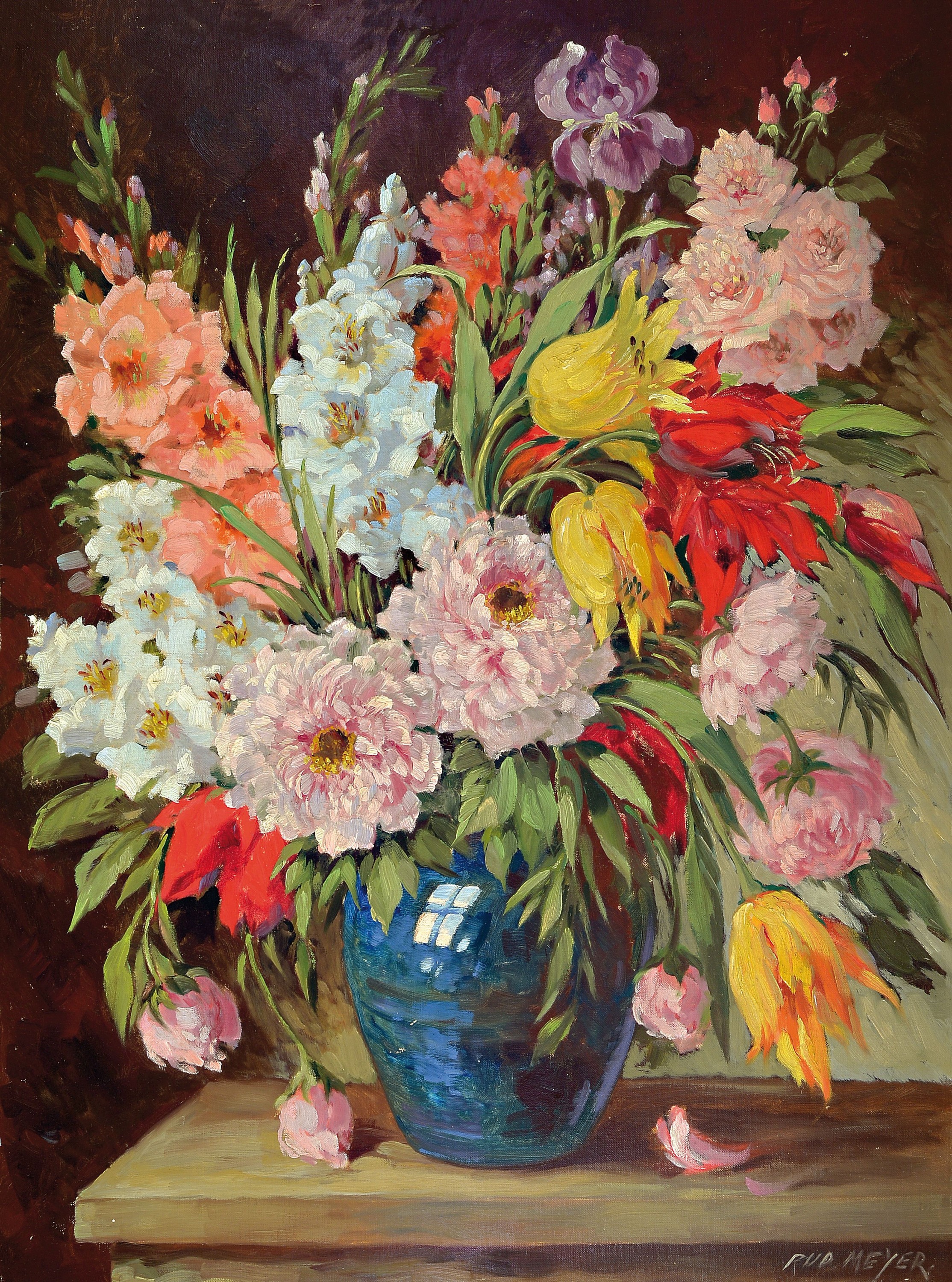 Rud. Meyer, wohl 30/40er Jahre, große Blumenstillleben in blauer Keramikvase, Öl/Malkarton, re. unten signiert, ca. 73 x 98 cm, Rahmen ca. 114 x 89 ...