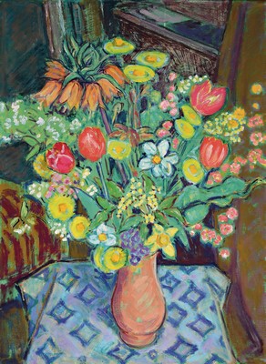 Image 26783415 - Hermann Sauter, 1891 Germersheim-1981 Landau, bouquet of field flowers in a ceramic jug on ablue cover, oil/canvas, signed on the back anddated 65, lush, colorful floral still life, approx. 90x65cm, frame approx. 100x 77cm, Sauter studied at the Munich and Berlin academies