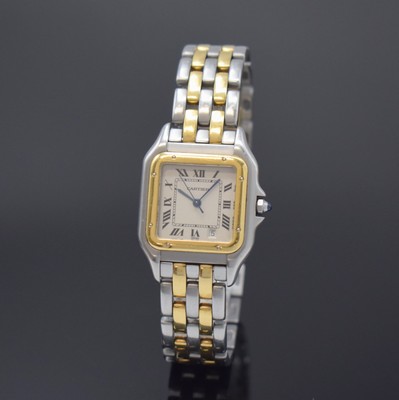 Image 26783424 - CARTIER Panthere ladies wristwatch in steel/gold reference 1100, Switzerland around 1995, quartz, back with 8 screws, original steel/yellow gold-bracelet with butterfly buckle, jeweled crown, silvered dial with Roman numerals, blued steel hands, date, measures approx. 36 x 28 mm, length approx. 20 cm, signs of use otherwise condition 2