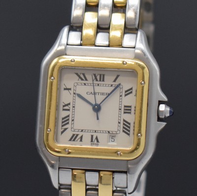 26783424a - CARTIER Panthere ladies wristwatch in steel/gold reference 1100, Switzerland around 1995, quartz, back with 8 screws, original steel/yellow gold-bracelet with butterfly buckle, jeweled crown, silvered dial with Roman numerals, blued steel hands, date, measures approx. 36 x 28 mm, length approx. 20 cm, signs of use otherwise condition 2