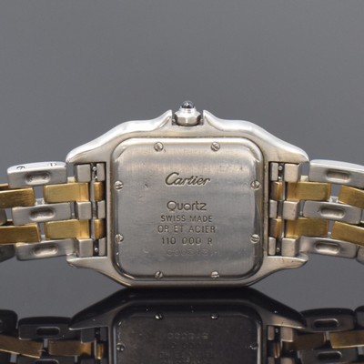 26783424c - CARTIER Panthere ladies wristwatch in steel/gold reference 1100, Switzerland around 1995, quartz, back with 8 screws, original steel/yellow gold-bracelet with butterfly buckle, jeweled crown, silvered dial with Roman numerals, blued steel hands, date, measures approx. 36 x 28 mm, length approx. 20 cm, signs of use otherwise condition 2