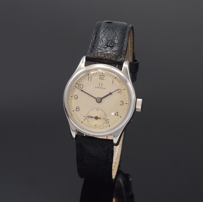 Image 26783434 - OMEGA gents wristwatch reference 295 in steel, Switzerland around 1940, manual winding, screwed down case back, silvered dial patinated/spotty, Arabic numerals, blued original hands corroded, constant second at 6, calibre 26,5 T2 SOB, 15 jewels, movement, case and dial signed, diameter approx. 31 mm, additional information of Omega as copy enclosed, condition 2