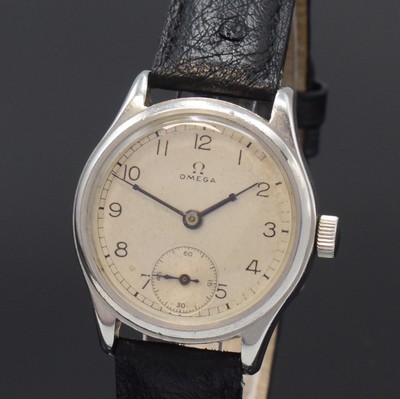 26783434a - OMEGA gents wristwatch reference 295 in steel, Switzerland around 1940, manual winding, screwed down case back, silvered dial patinated/spotty, Arabic numerals, blued original hands corroded, constant second at 6, calibre 26,5 T2 SOB, 15 jewels, movement, case and dial signed, diameter approx. 31 mm, additional information of Omega as copy enclosed, condition 2