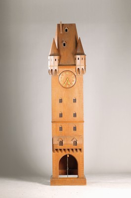 Image longcase clock in shape a Medieval influence city tower, Villinger Hausuhrenfabrik AG ...