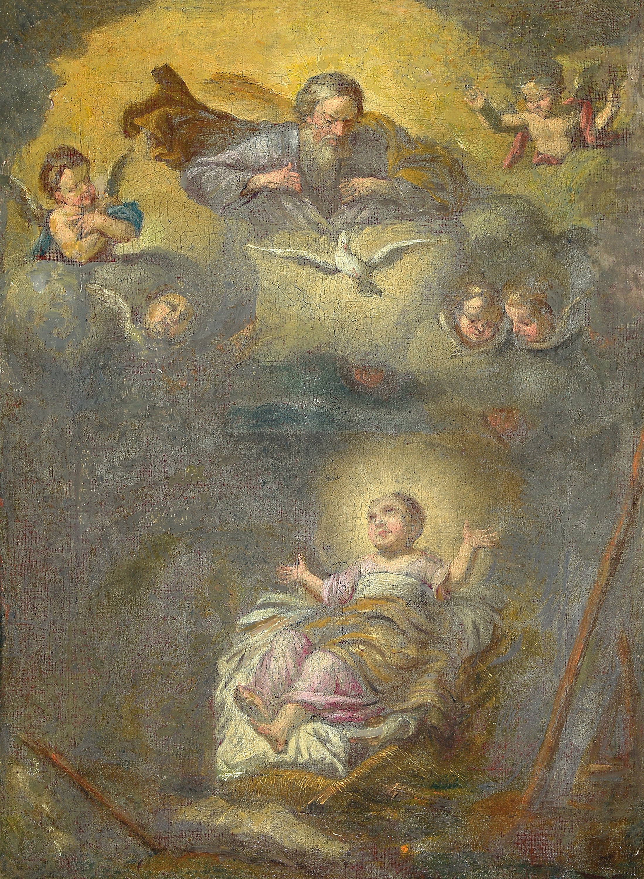 Süddeutscher Künstler, 2. Hälfte 18. Jh., Dreifaltigkeit, Öl/Lwd, unsigniert, Altersschäden bzw. ältere Restaurierung, ca. 47 x 35 cm, Rahmen ...