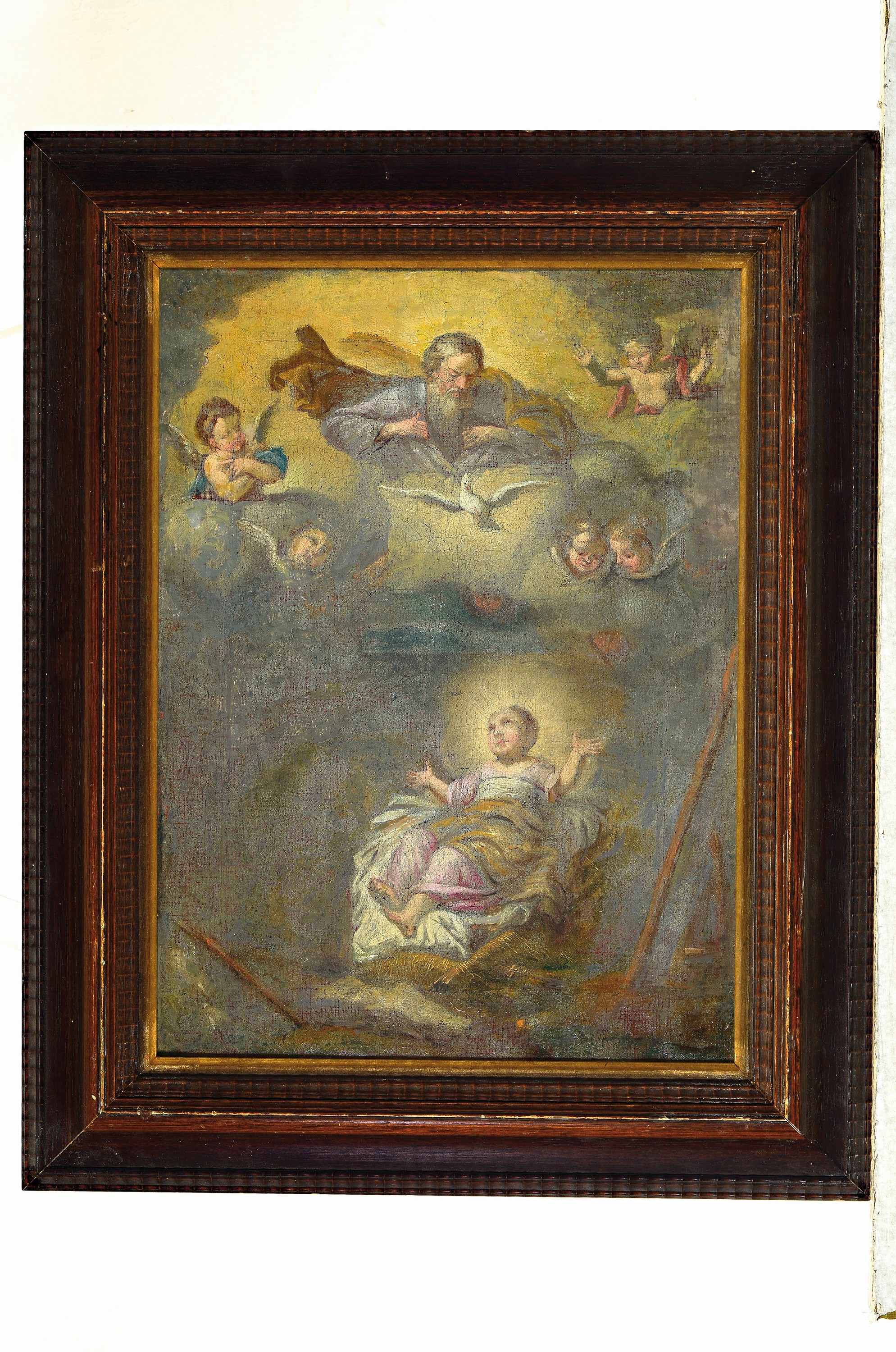 Detail k: Süddeutscher Künstler, 2. Hälfte 18. Jh., Dreifaltigkeit, Öl/Lwd, unsigniert, Altersschäden bzw. ältere Restaurierung, ca. 47 x 35 cm, Rahmen ...